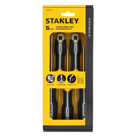 STANLEY FMHT65776-0 5-piece tamper proof TORX screwdriver set in yellow and black retail packaging, front view.
