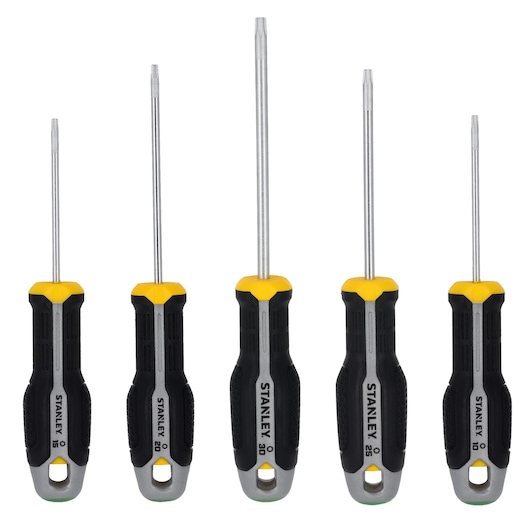 STANLEY FMHT65777-0 screwdriver set of five, black and yellow handles, Torx tips, front angle on white background.