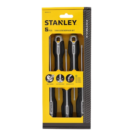 STANLEY FMHT65777-0 5-piece Torx screwdriver set in black and yellow packaging, front angle.