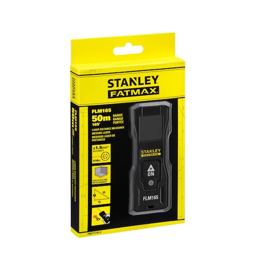 Photo of STANLEY FMHT77165-0 laser distance measurer in yellow retail packaging, front angle.