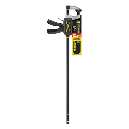 STANLEY FMHT83008-0 bar clamp with yellow and black handle, product tag, front angle on white background.