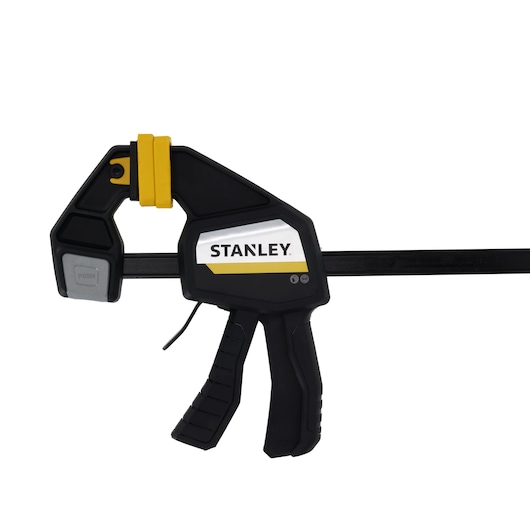 STANLEY FMHT83276-0 trigger clamp, black and yellow, side angle on white background.