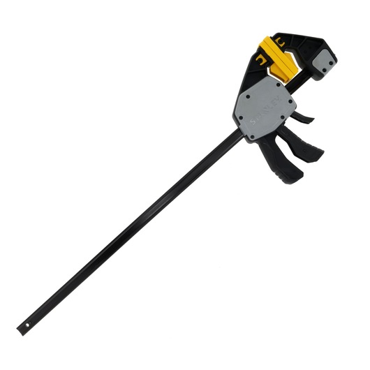 Photo of STANLEY FMHT83281-0 bar clamp with black handle and yellow accents, photography, angled on white background.