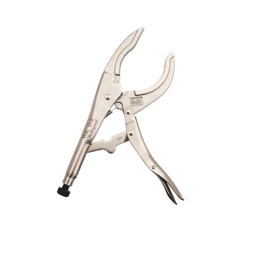 STANLEY STHT84900-0 curved jaw locking pliers, silver finish, side angle, white background.