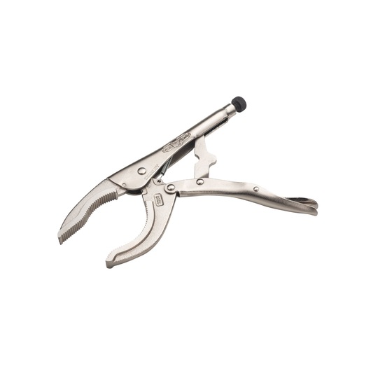 STANLEY STHT84900-0 curved jaw locking pliers, silver metal, side angle on white background.