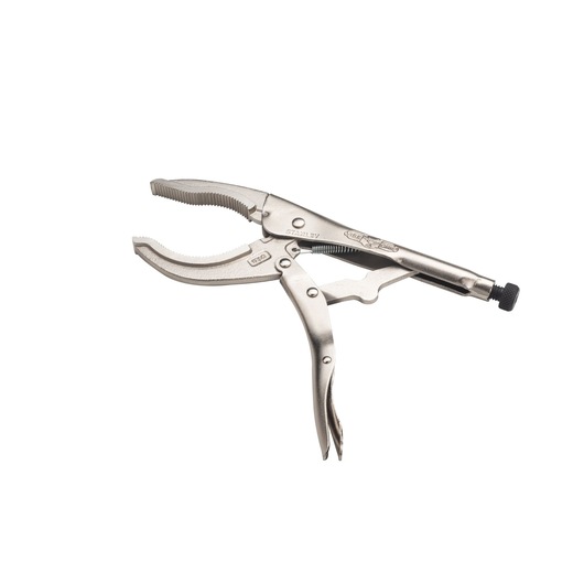 STANLEY STHT84900-0 curved jaw locking pliers, steel, side angle on white background.