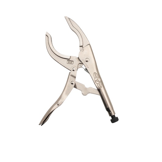 STANLEY STHT84900-0 curved jaw locking pliers, silver finish, side angle, photography on white background.