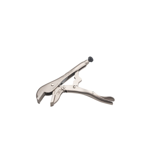 Photo of STANLEY FMHT84901-0 locking pliers, silver finish, angled on white background.