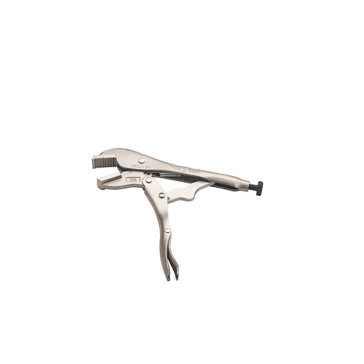 STANLEY FMHT84901-0 locking pliers with curved jaws, silver finish, side view on white background.