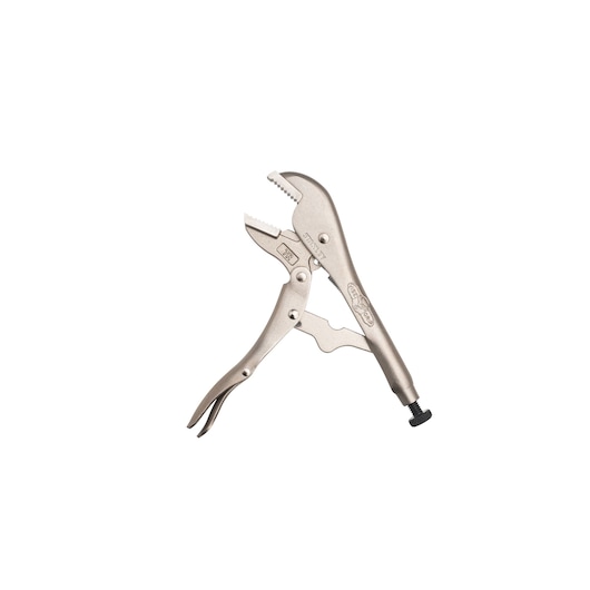 STANLEY FMHT84901-0 locking pliers with curved jaws, silver finish, side angle on white background.