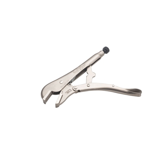 STANLEY FMHT84902-0 locking pliers, silver metal, side angle on white background.