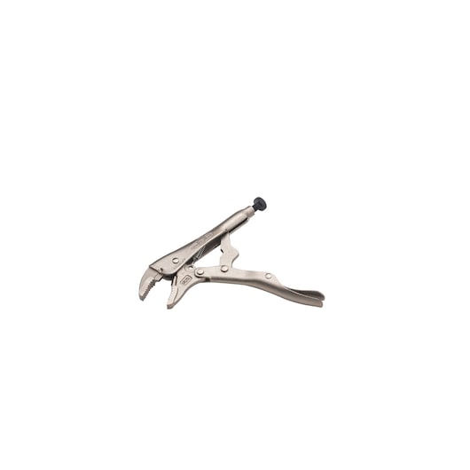 STANLEY FMHT84904-0 locking pliers with curved jaws, silver metal finish, product side view on white background.