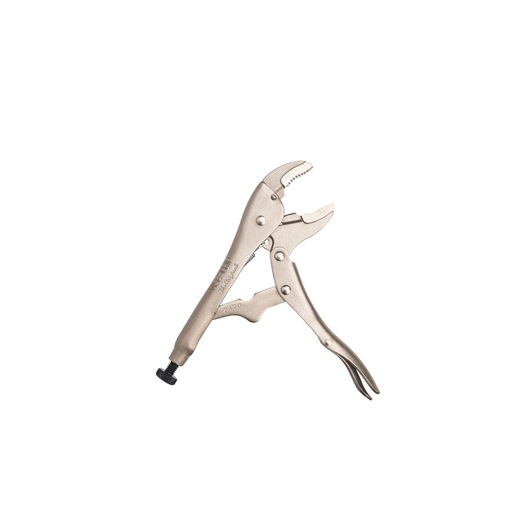 STANLEY FMHT84905-0 locking pliers with curved jaw and adjustment screw, side view on white background.