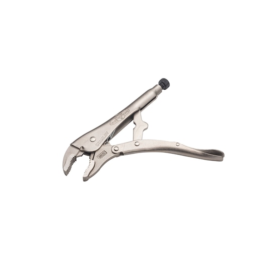 STANLEY FMHT84906-0 curved jaw locking pliers, silver finish, product side view on white background.