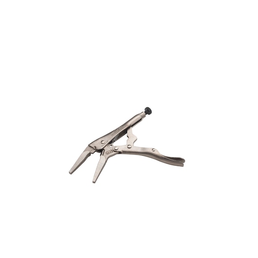 STANLEY FMHT84907-0 locking pliers with curved jaws, silver metal, side angle on white background.