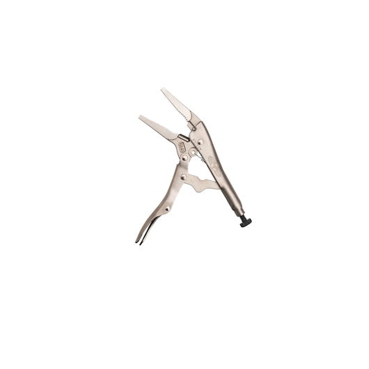 STANLEY FMHT84907-0 straight jaw locking pliers, silver metal, shown from side on white background.