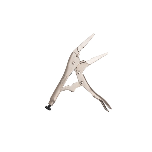 STANLEY FMHT84908-0 long nose locking pliers, metallic finish, side angle on white background.
