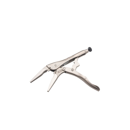STANLEY FMHT84908-0 long nose locking pliers, silver, product side angle on white background.