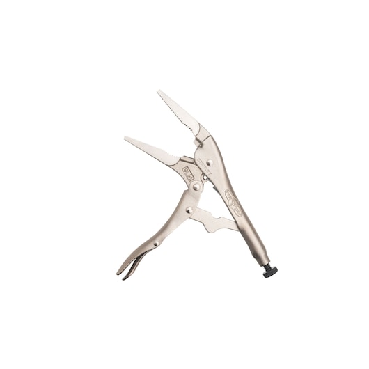 STANLEY FMHT84908-0 locking pliers with long nose, metallic finish, side angle on white background.