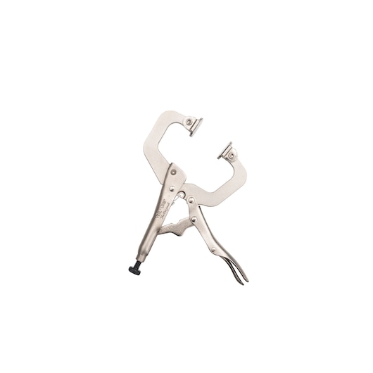 STANLEY FMHT84909-0 C-clamp locking pliers, silver, front angle on white background.