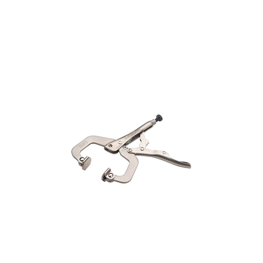 Photo of STANLEY FMHT84909-0 C-clamp locking pliers, silver metal, angled on white background.