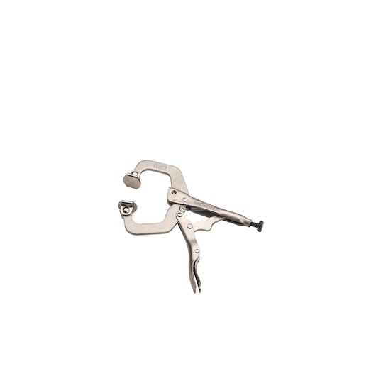 Photo of STANLEY FMHT84909-0 C-clamp locking pliers, silver finish, side angle on white background.