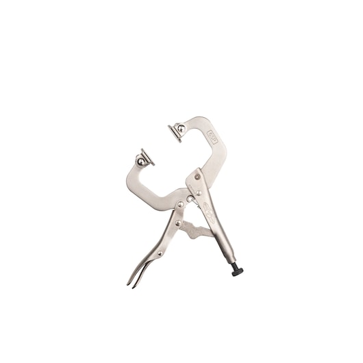STANLEY FMHT84909-0 locking C-clamp plier, silver metal, white background, angled side view.