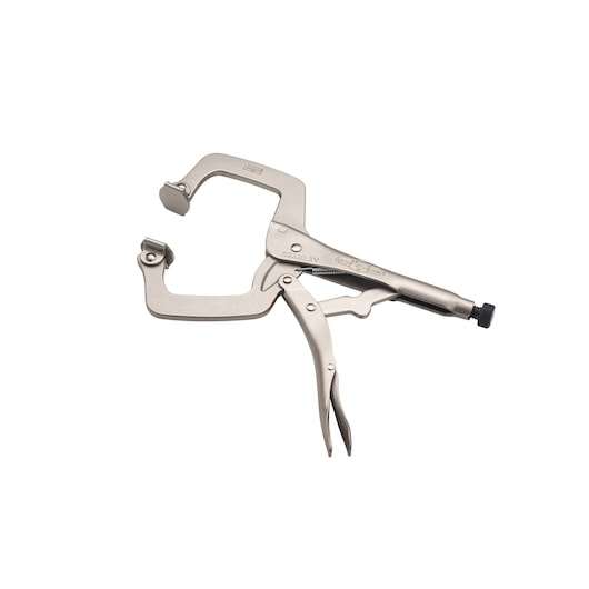 STANLEY FMHT84910-0 C-clamp locking pliers, silver finish, side angle on white background.