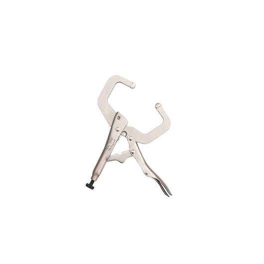 STANLEY FMHT84911-0 locking C-clamp pliers, silver metal, side angle on white background.