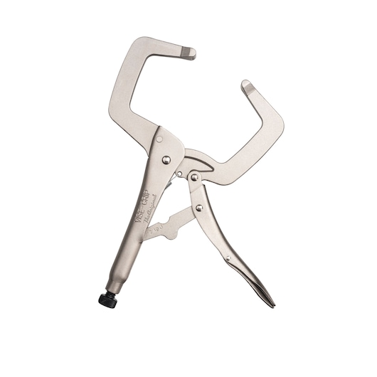 STANLEY FMHT84912-0 metal C-clamp locking pliers with wide jaws, right-side angle on white background.