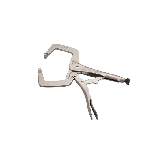 STANLEY FMHT84912-0 C-clamp locking pliers, silver metal, side angle on white background.