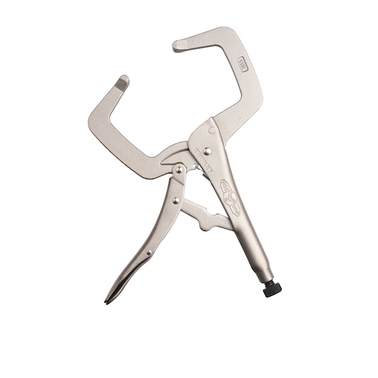 STANLEY FMHT84912-0 silver C-clamp locking pliers, side angle, metal construction, white background.