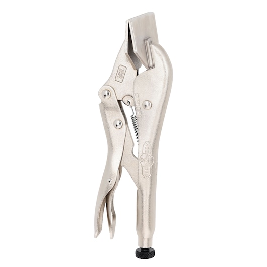 A metallic locking sheet metal tool, often called welding pliers, with flat jaws and adjustment screw, standing upright against a white background.