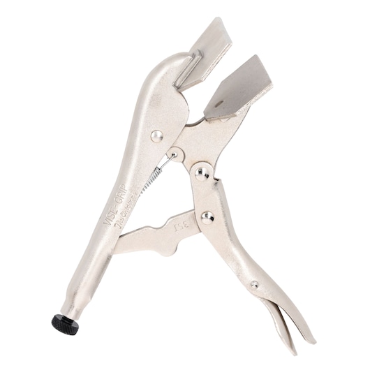 A silver-colored locking welding clamp with wide flat jaws designed for holding materials securely during welding or assembly.