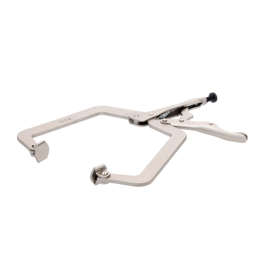 STANLEY FMHT84915-0 welding clamp with wide opening and padded jaws, angled side view on white background.