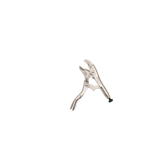 STANLEY FMHT84916-0 locking pliers with curved jaw, silver finish, side angle on white background.