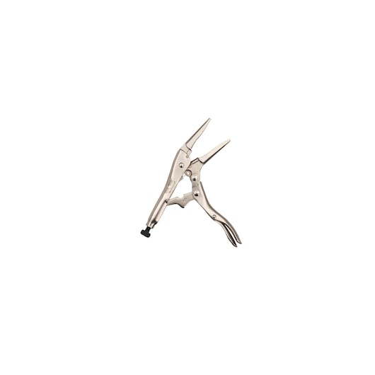STANLEY FMHT84917-0 locking long nose pliers, silver, side angle on white background.