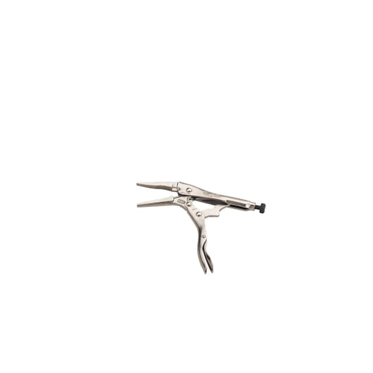 STANLEY FMHT84917-0 long nose locking pliers, silver finish, side view, isolated on white background.