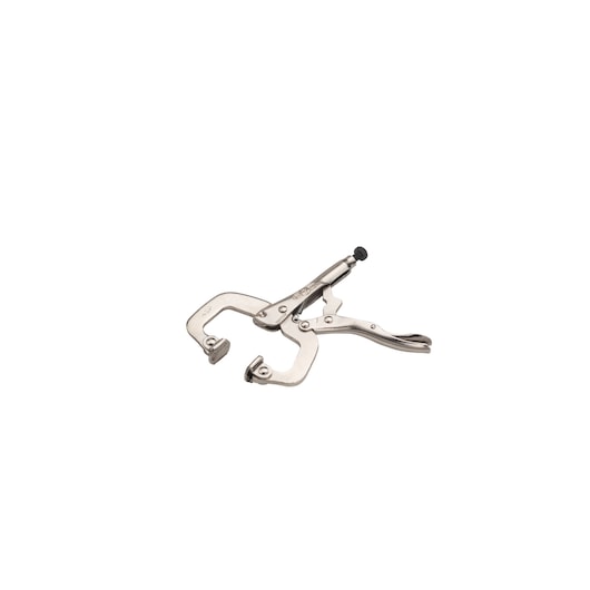 STANLEY FMHT84918-0 locking C-clamp pliers, silver metal, top angle, on white background.