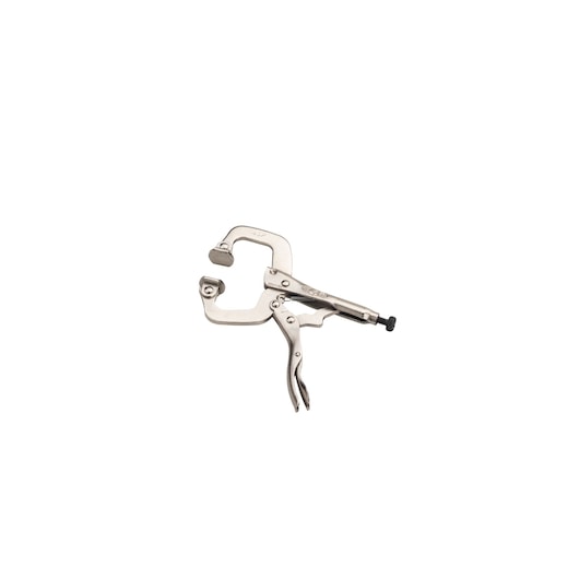 STANLEY FMHT84918-0 locking C-clamp pliers, silver, shown from side on white background.