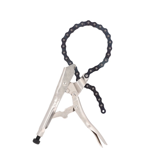 A chain locking pliers tool with a silver metal body and a black chain loop, used for gripping irregularly shaped objects.