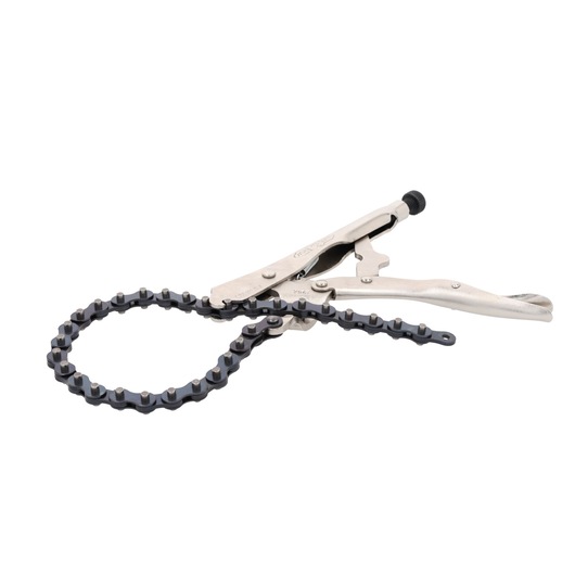 A metal chain clamp tool with a silver handle, designed for gripping and holding round objects. The chain forms a loop and is attached to the locking pliers.