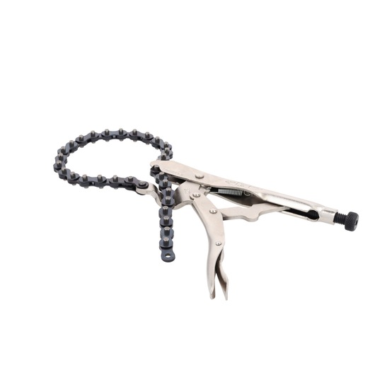 A chain grip locking plier tool with a metallic body and adjustable chain, designed for securely holding irregularly shaped objects.