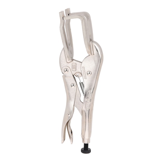 A silver metal locking C-clamp plier tool with adjustable screw and wide jaws, standing upright against a white background.