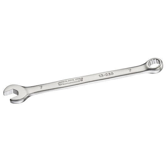 Photo of STANLEY FMMT13030-0 combination spanner, 7mm, silver metal, flat lay on white background.