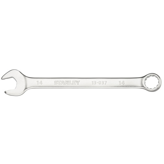 Photo of STANLEY FMMT13037-0 combination wrench, silver finish, open and box end, product on white background.
