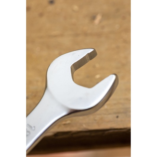 STANLEY FMMT13037-0 open-end wrench, silver finish, close-up angled view, tool on wooden surface.
