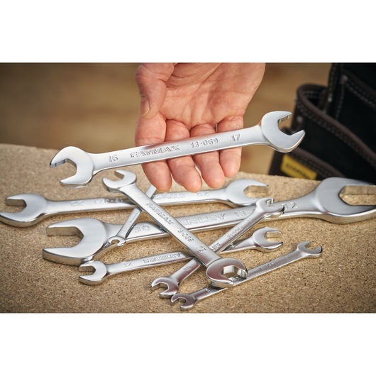STANLEY FMMT13070-0 photography of chrome wrenches, one held in hand, others scattered on work surface.