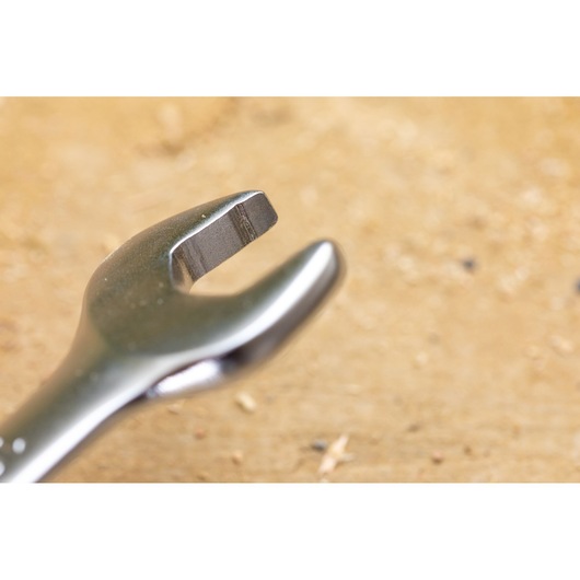 STANLEY FMMT82901-0 open-end wrench close-up photo on a wooden surface.