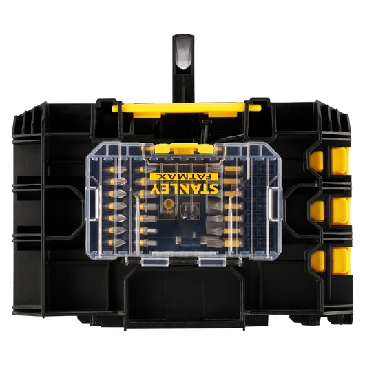 Stanley tool box with transparent lid and yellow accents, showing organized drill bits inside.